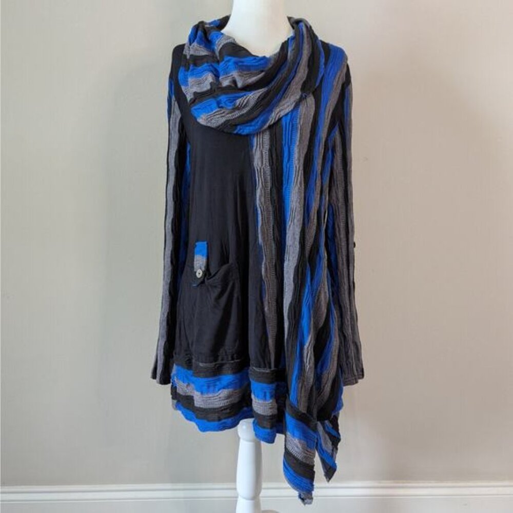Ali Miles Blue Gray Striped Tunic Size Large Asymmetrical Cowl Neck Pocket